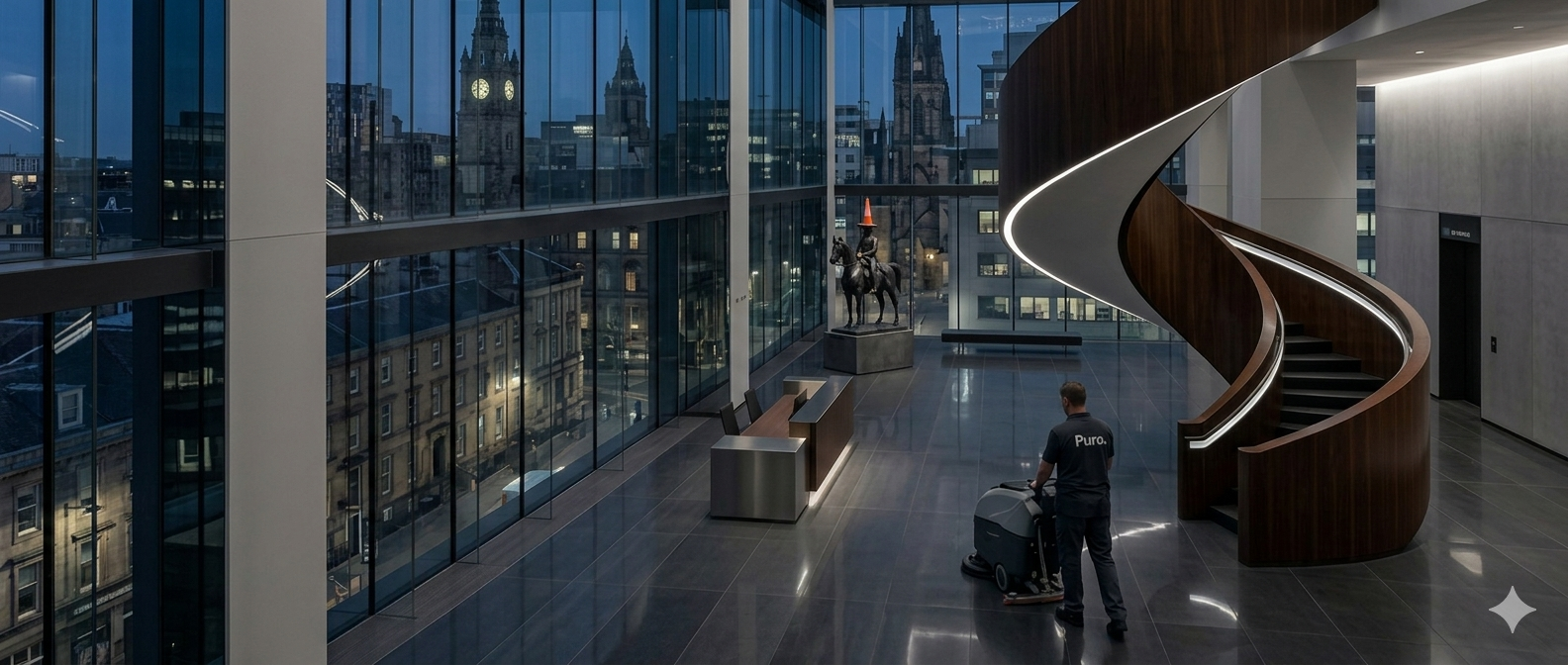 Puro Commercial operative polishing floors in a premium Glasgow office building with city view