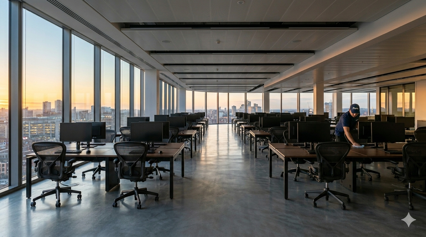 Puro Commercial operative cleaning desks in a Glasgow office at dawn with city skyline view